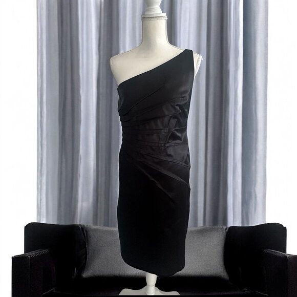 DAVID MEISTER Black Satin One Shoulder Cocktail Dress Size 8 - Picture 1 of 11
